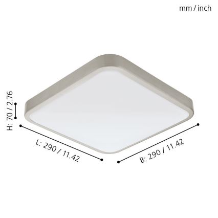Štvorcové stropné svietidlo s rozmermi 290 x 290 x 70 mm je zobrazené zhora. Svietidlo má strieborný rám a matný biely difúzor.