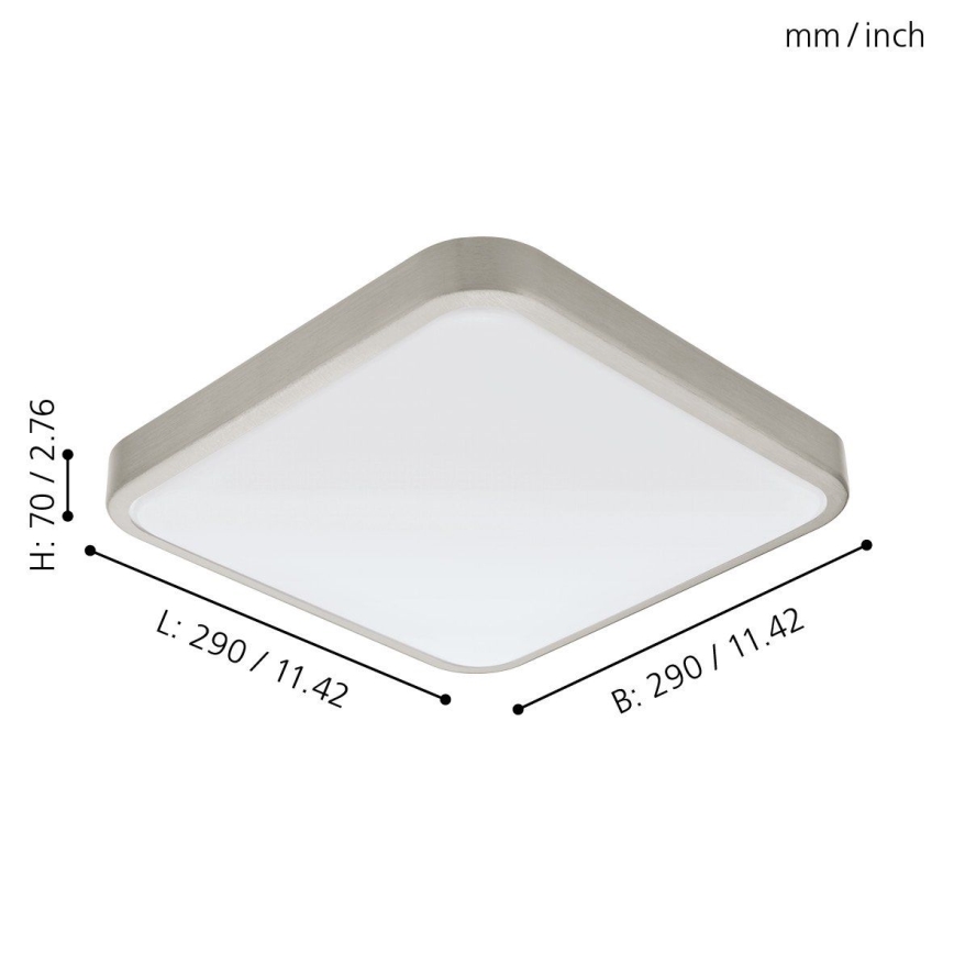 Štvorcové stropné svietidlo s rozmermi 290 x 290 x 70 mm je zobrazené zhora. Svietidlo má strieborný rám a matný biely difúzor.