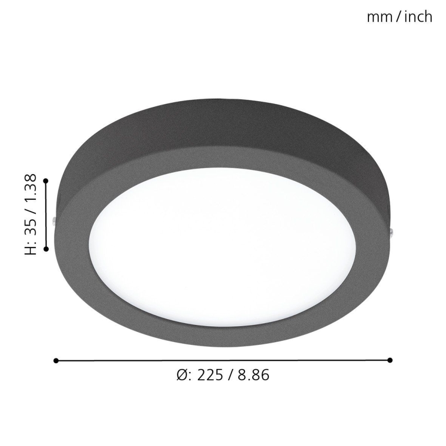 Svietidlo svieti. Je tmavosivé, kruhové, s priemerom 225/8.86 mm a výškou 35/1.38 mm. Je zobrazené na bielom pozadí.