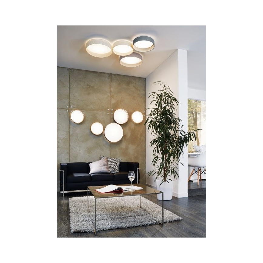 Kruhové svietidlá osvetľujú modernú obývačku. Na strope sú štyri stropné a na stene štyri nástenné svietidlá. Súčasťou scény je pohovka, konferenčný stolík a vysoká rastlina v črepníku.