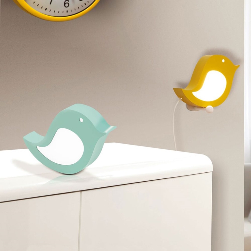 Dve vtáčie lampičky, jedna svetlomodrá na bielom nábytku, druhá žltá na stene. Svetlomodrá lampička je umiestnená na bielom nábytku. Žltá lampička je pripevnená na stene a je pripojená k elektrickej zásuvke.