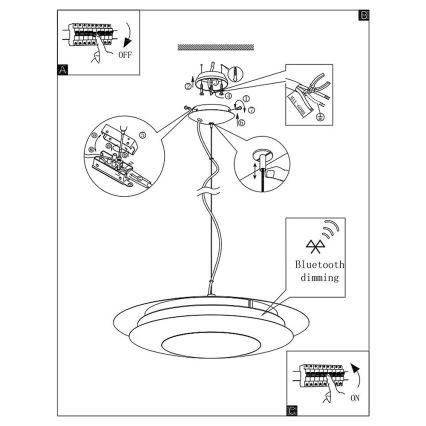 Návod na montáž kruhového stropného svietidla s Bluetooth stmievaním. Svietidlo sa montuje na strop pomocou skrutiek. Pripojenie je znázornené v diagramoch.