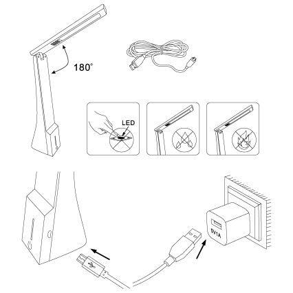 LED stolná lampa sa dá otočiť o 180°. Návod zobrazuje jej skladanie, pripájanie USB kábla k adaptéru a zapojenie do zásuvky. Adaptér je označený 5V 1A.