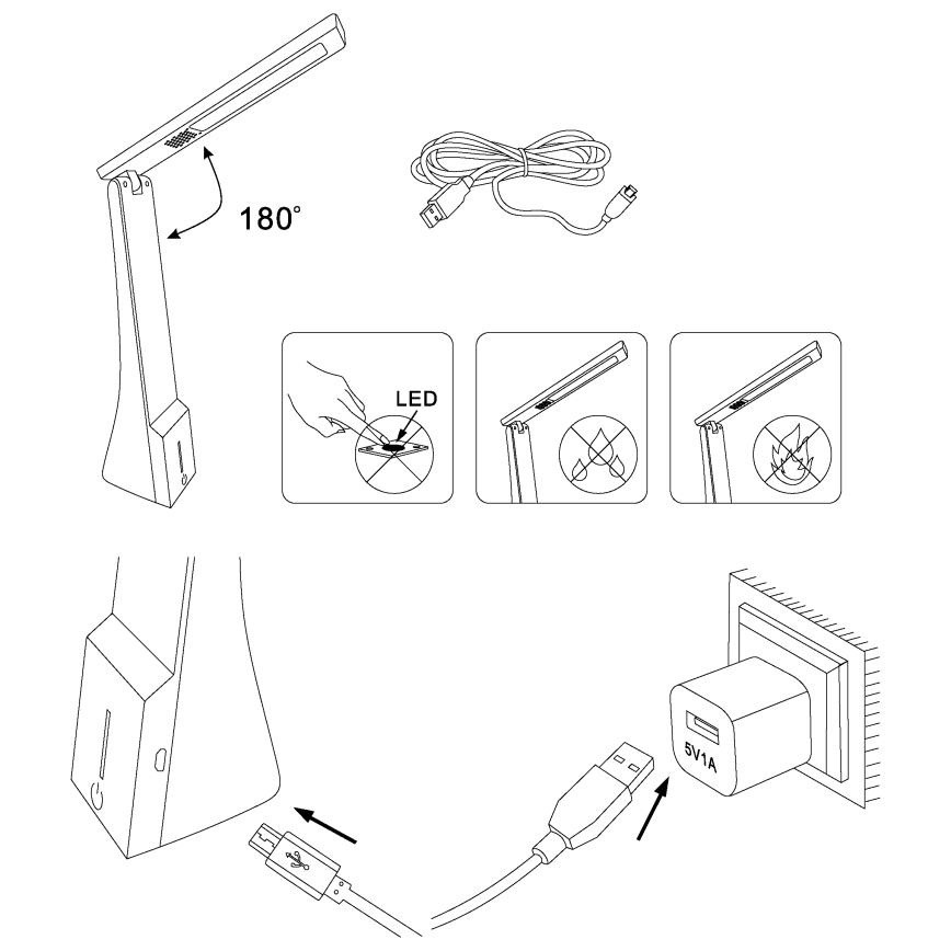 LED stolná lampa sa dá otočiť o 180°. Návod zobrazuje jej skladanie, pripájanie USB kábla k adaptéru a zapojenie do zásuvky. Adaptér je označený 5V 1A.