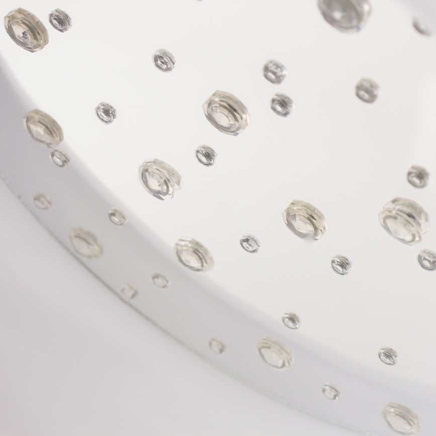 Okrúhly priesvitný objekt s malými priehľadnými výstupkami, rozmiestnenými po povrchu, je umiestnený na bielom podklade.