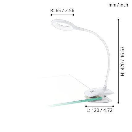Biela stolová lampa s kruhovou hlavou pripevnená sponou na sklenenú dosku. Rozmery: šírka 65 mm/2,56 palca, dĺžka 120 mm/4,72 palca, výška 420 mm/16,53 palca.