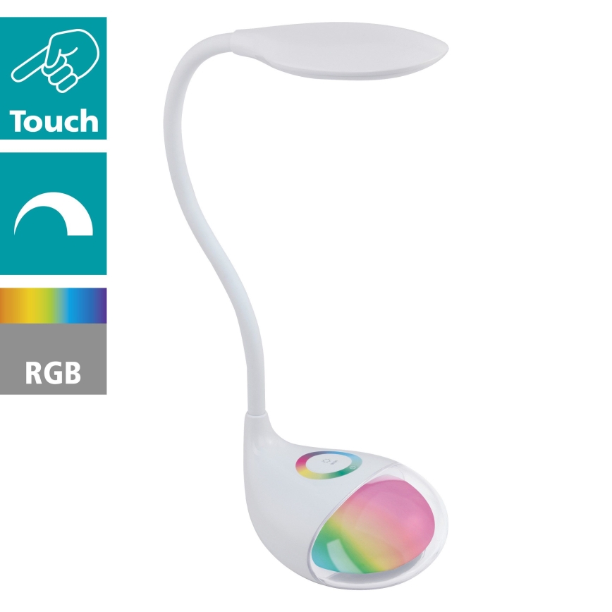 Biela stolová lampa s flexibilným ramenom a dotykovým ovládaním svieti s RGB farebným svetlom. Lampa je umiestnená na bielom pozadí.