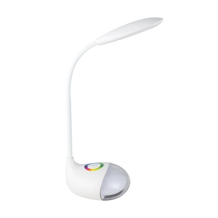 Biela stolová lampa s ohnutým ramenom svieti. Na spodnej časti je ovládač s farebným kruhom. Lampa je umiestnená na bielom pozadí.