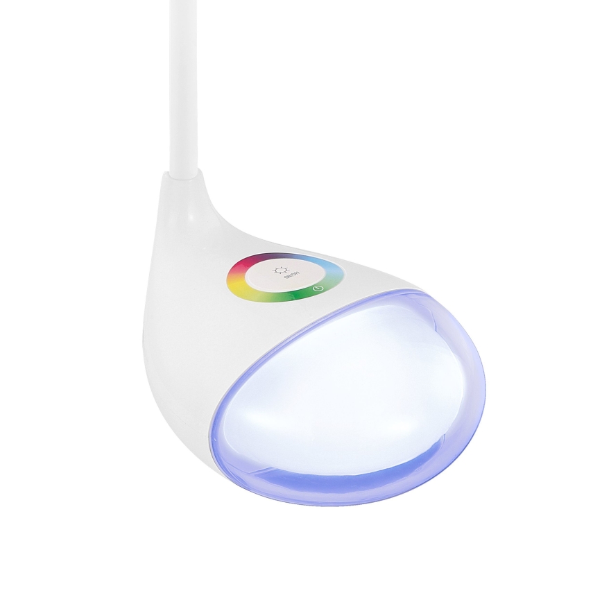 Stolná lampa s bielym telom a svetlom svietiacim v svetlomodrej farbe. Na telese sa nachádza ovládací panel s farebným kruhom a nápisom „Switch“.