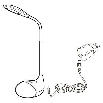Stolná lampa s ohnutým ramenom svieti. Súčasťou je sieťový adaptér s USB konektorom a napájací kábel.