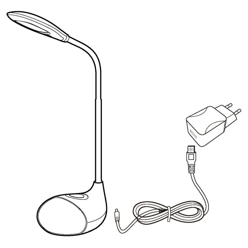 Stolná lampa s ohnutým ramenom svieti. Súčasťou je sieťový adaptér s USB konektorom a napájací kábel.