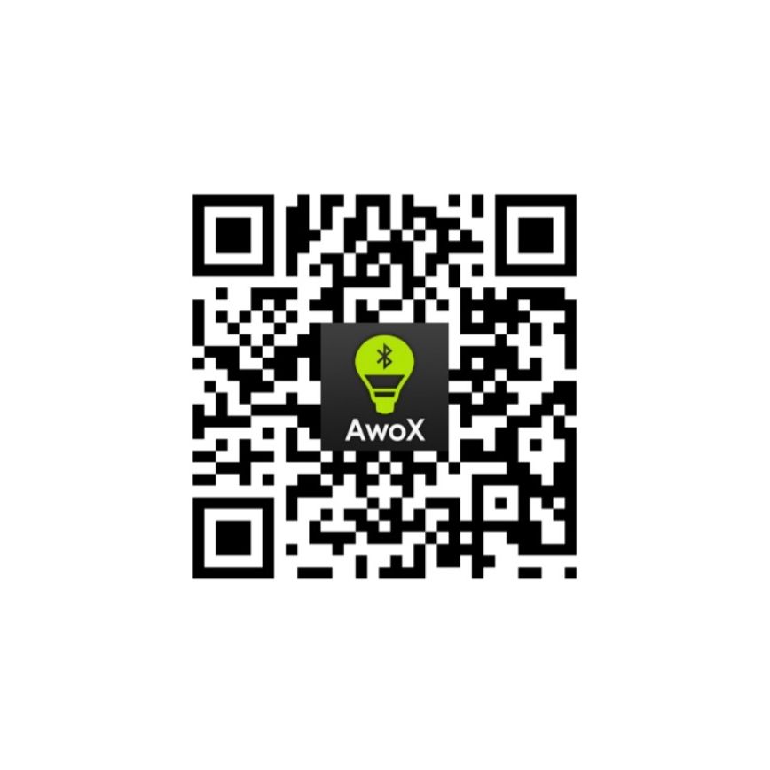 QR kód zobrazuje logo AwoX s ikonou žiarovky a symbolom Bluetooth. Kód je čierno-biely na bielom pozadí.