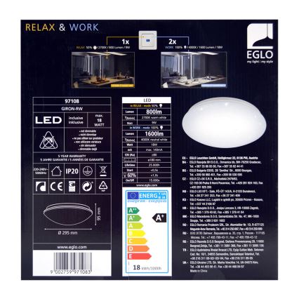 Eglo 97108 - LED Stropné svietidlo GIRON-RW 1xLED/18W/230V 2700K-4000K