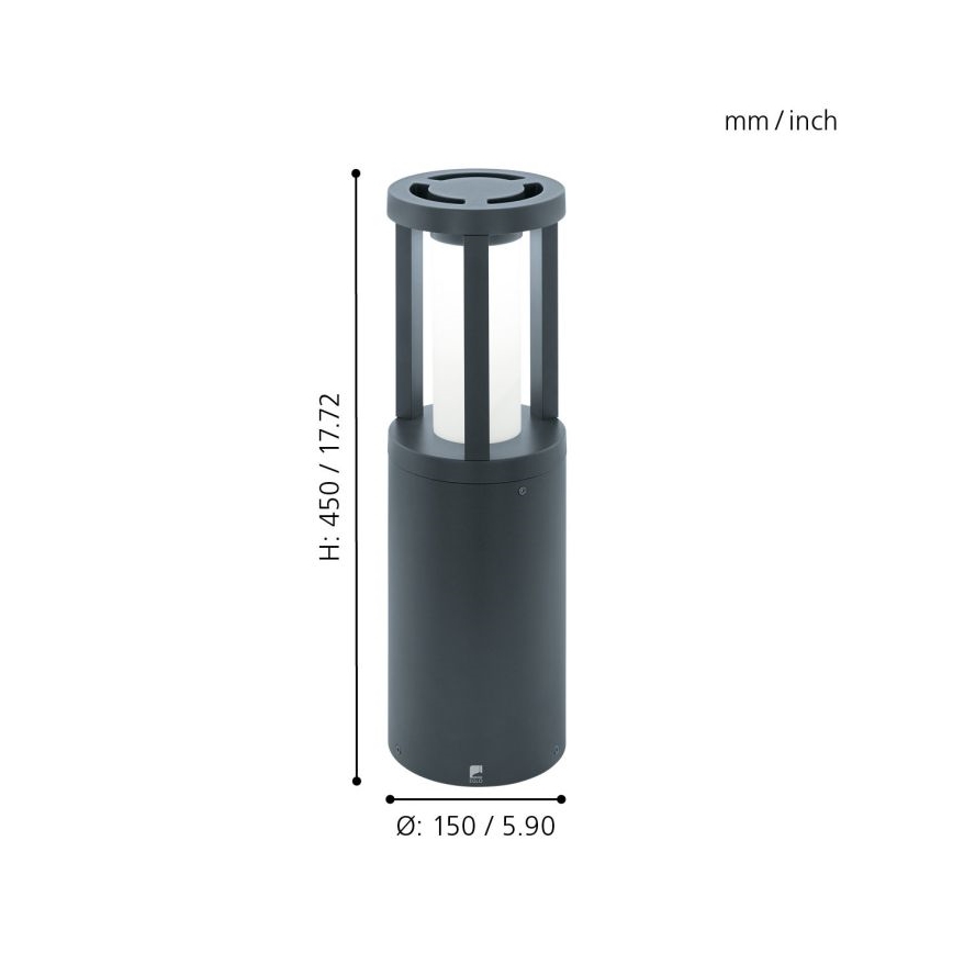 Vonkajší záhradný svietidielko stojí na bielom pozadí. Je tmavosivo-šedé, valcového tvaru s vnútorným svetelným zdrojom. Výška: 450/17,72, priemer: 150/5,90 mm.