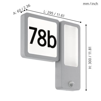 Svietidlo s číslom 78b je pripevnené na stene. Svietidlo má dva diely: štvorcový s číslom a obdĺžnikový s pohybovým senzorom. Rozmery sú uvedené v milimetroch a palcoch.