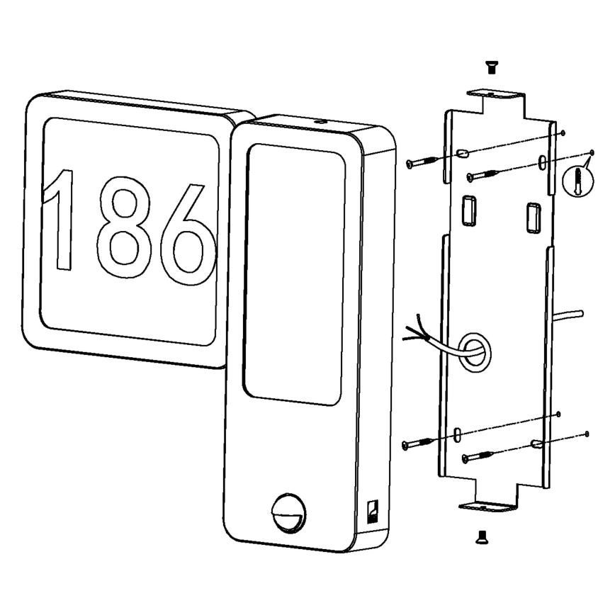 Číslicová domová značka s číslom 186 sa montuje na stenu pomocou skrutiek a držiaka. Súčasťou je aj prívod kábla.
