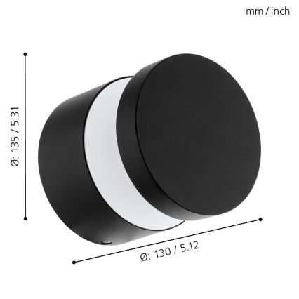 Čierna nástenná lampa s bielym difúzorom, je zobrazená na bielom pozadí s rozmermi Ø: 135/5.31 a Ø: 130 / 5.12.
