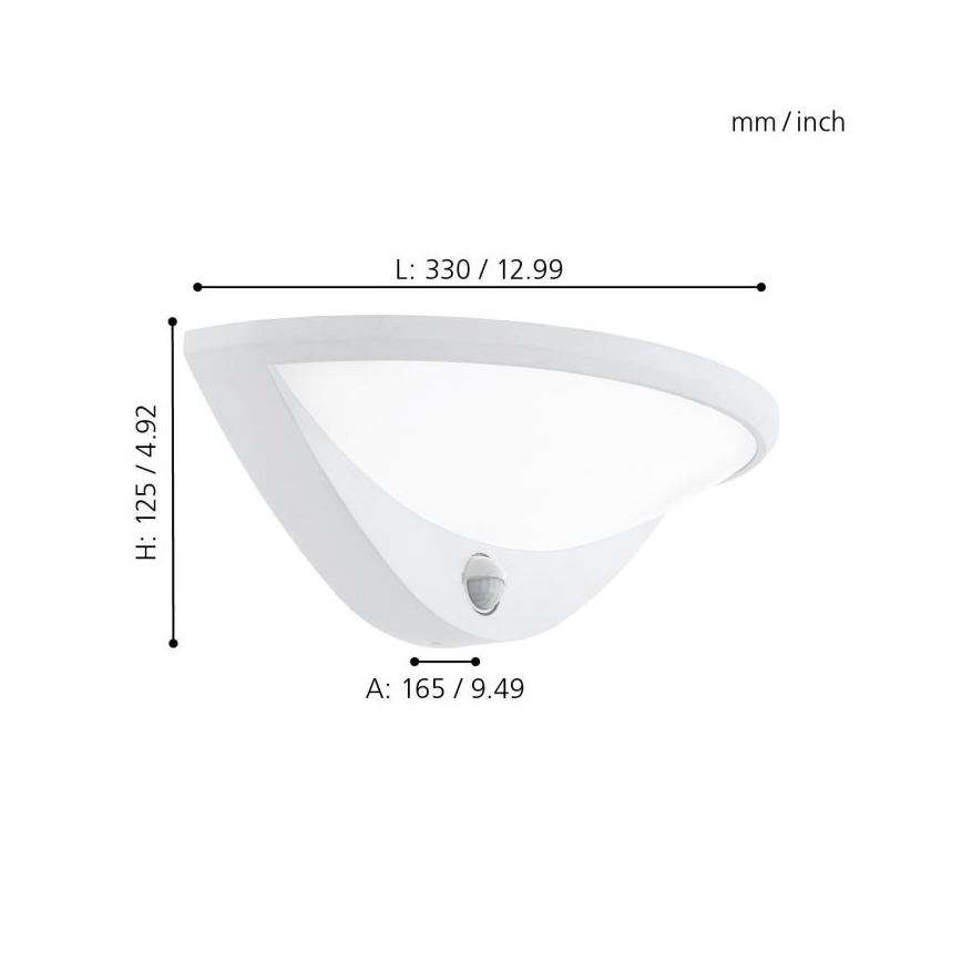 Biela nástenná lampa s pohybovým senzorom je zobrazená na bielom pozadí. Rozmery: výška 125 mm (4,92 palca), šírka 165 mm (9,49 palca), dĺžka 330 mm (12,99 palca).