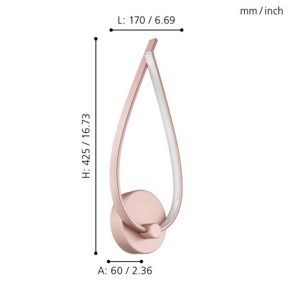Ružová nástenná lampa v tvare kvapky s LED osvetlením. Rozmery: výška 425 mm (16,73 palca), šírka 60 mm (2,36 palca), dĺžka 170 mm (6,69 palca).