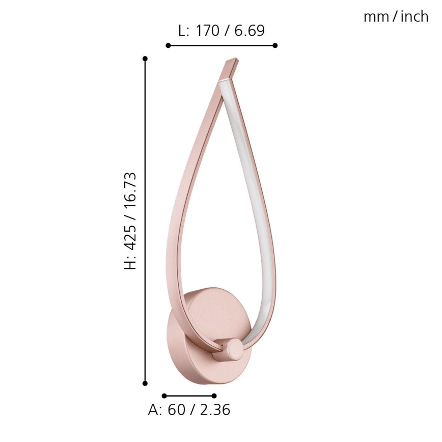 Ružová nástenná lampa v tvare kvapky s LED osvetlením. Rozmery: výška 425 mm (16,73 palca), šírka 60 mm (2,36 palca), dĺžka 170 mm (6,69 palca).