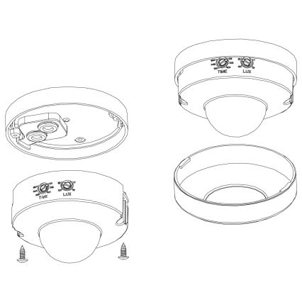 Senzor sa skladá z dvoch častí, ktoré sa skladajú; obsahuje označenie TIME a LUX. Súčasťou je montážny návod.