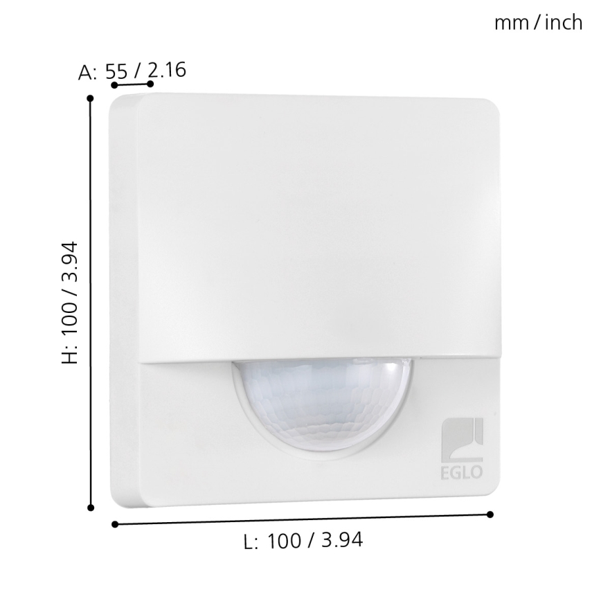 Biely nástenný senzor pohybu s integrovaným snímačom. Rozmery: výška 100 mm/3,94 palca, šírka 100 mm/3,94 palca, hĺbka 55 mm/2,16 palca. Výrobca: Eglo.