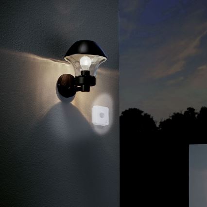 Vonkajšie nástenné svietidlo svieti. Na stene je namontovaný senzor pohybu. Pozadie tvoria stena a nočná krajina.