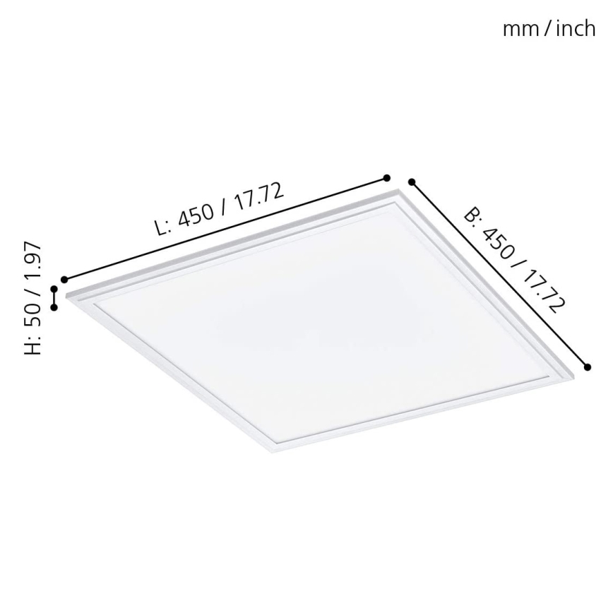 Štvorcové LED svetlo je namontované na strope. Rozmery sú: výška 50 mm/1,97 palca, dĺžka a šírka 450 mm/17,72 palca.