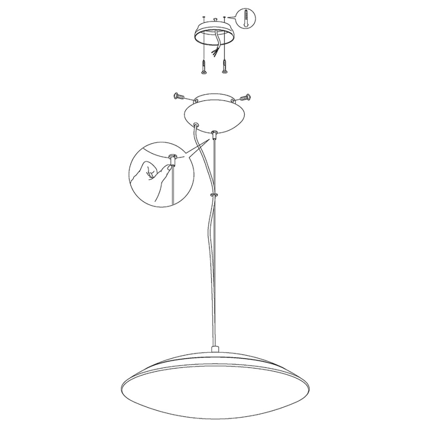 Závesné svietidlo sa montuje: pripájajú sa káble, upevňuje sa na strop pomocou skrutiek. Svietidlo je ploché, diskovitého tvaru, visí zo stropu na dlhom kábli.