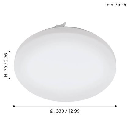 Svietidlo s priemerom 330 mm/12,99 palcov a výškou 70 mm/2,76 palcov je zobrazené na bielom pozadí. Svietidlo je biele, oválne a má malý výčnelok na vrchu.