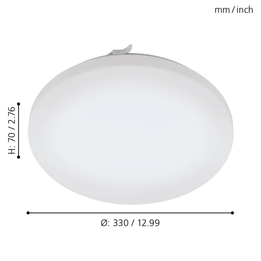 Svietidlo s priemerom 330 mm/12,99 palcov a výškou 70 mm/2,76 palcov je zobrazené na bielom pozadí. Svietidlo je biele, oválne a má malý výčnelok na vrchu.