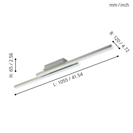 Dvojité LED svietidlo je zobrazené s rozmermi: výška 65 mm/2,56 palca, dĺžka 1055 mm/41,54 palca a šírka 120 mm/4,72 palca.