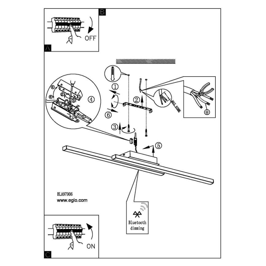 Návod na montáž svietidla: svietidlo sa montuje na strop pomocou skrutiek a káblov. Používa Bluetooth stmievanie. Kódové číslo produktu: BLA97906, www.eglo.com.