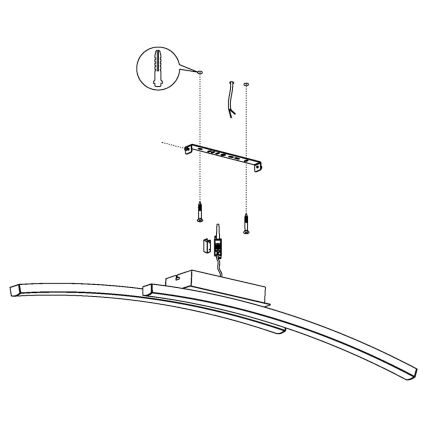 Svietidlo v tvare oblúka sa montuje na strop pomocou montážnej lišty a skrutiek. Súčasťou je aj návod na montáž s ilustráciou všetkých komponentov, vrátane hmoždiniek.