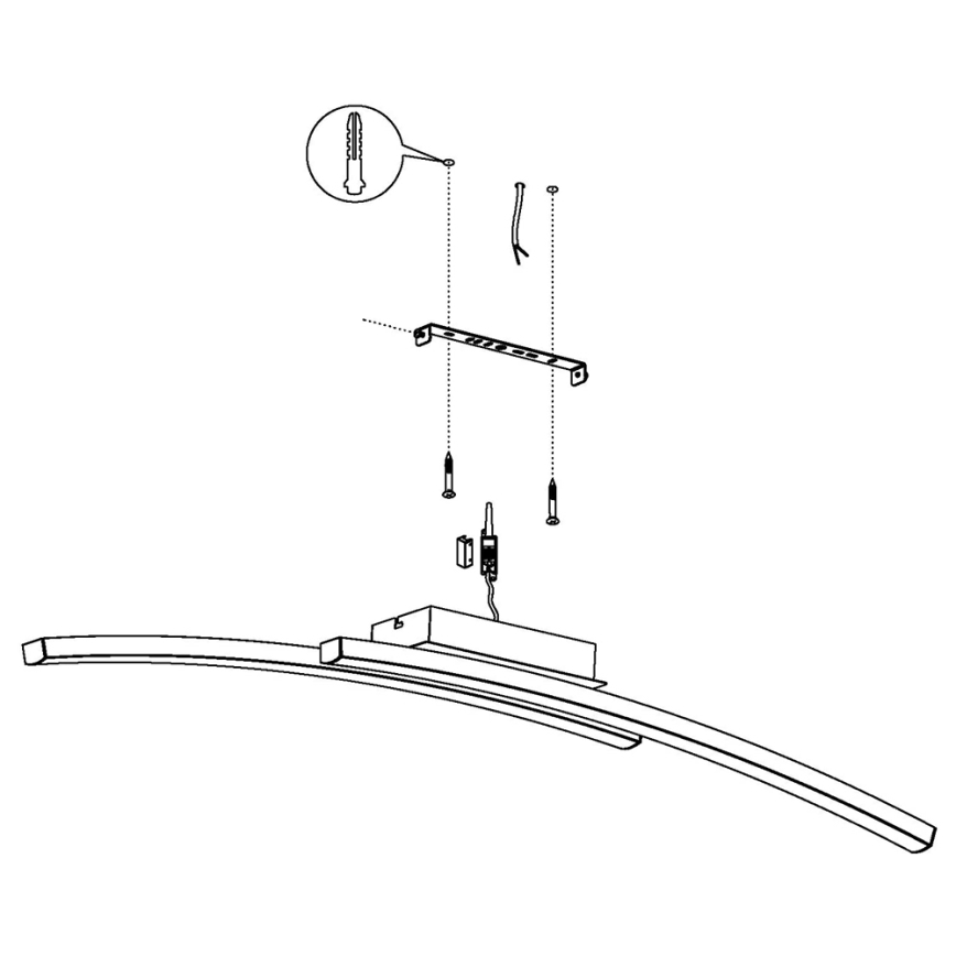 Svietidlo v tvare oblúka sa montuje na strop pomocou montážnej lišty a skrutiek. Súčasťou je aj návod na montáž s ilustráciou všetkých komponentov, vrátane hmoždiniek.