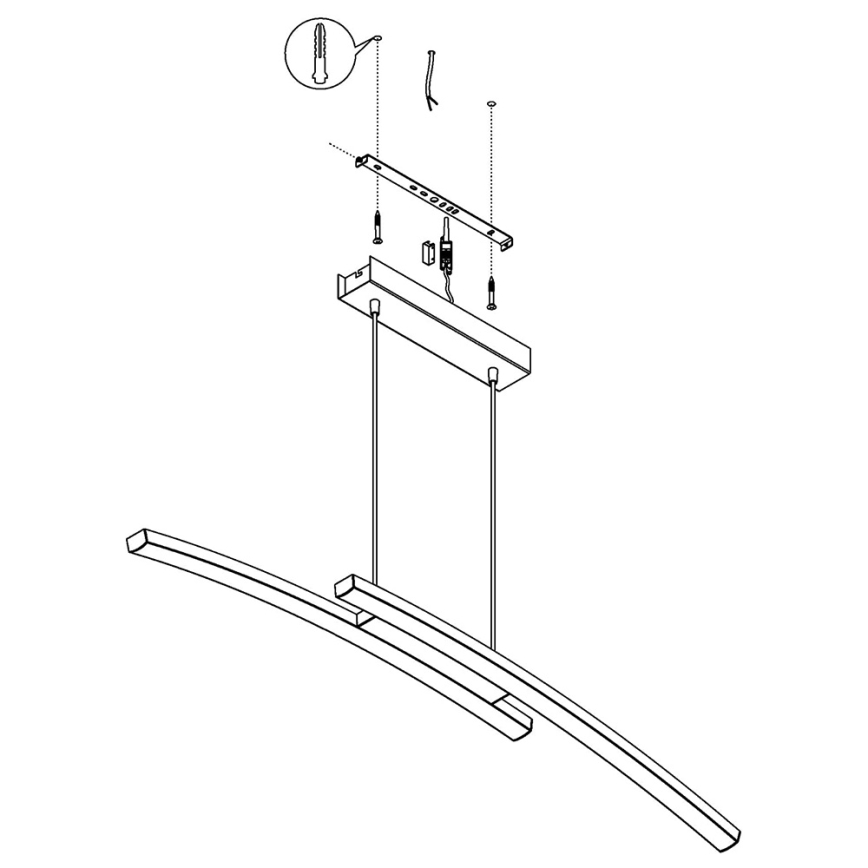 Závesné svietidlo sa skladá z dvoch zakrivených prvkov, zavesených na dvoch kábloch, pripojených k stropnej montážnej doske. Súčasťou schémy je aj návod na montáž s detailom jednotlivých častí a skrutiek.