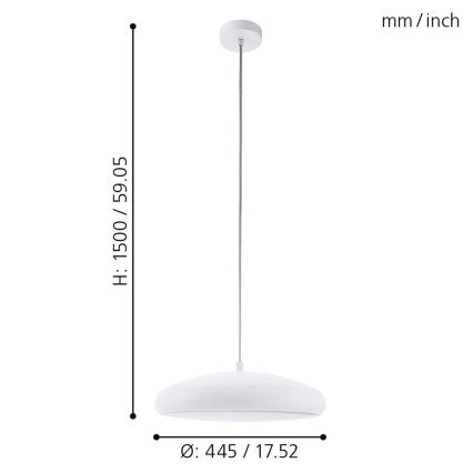Biela závesná lampa s oválnym tienidlom visí na šnúre. Výška: 1500/59,05 mm, priemer: 445/17,52 mm.