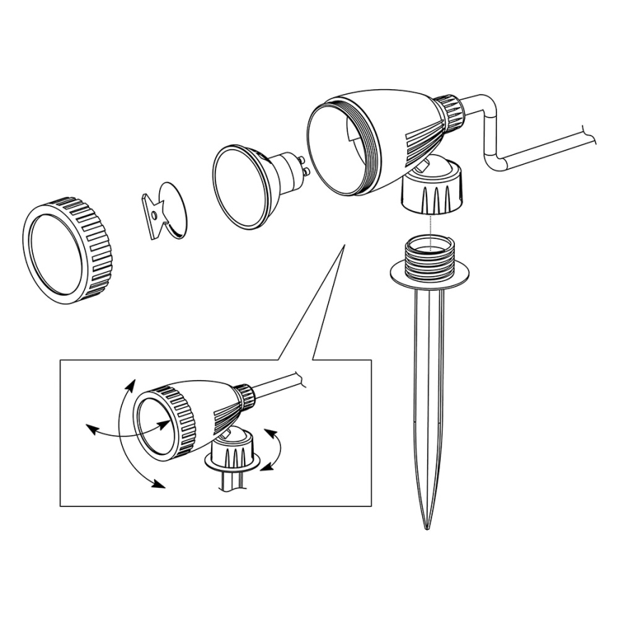 Záhradné svietidlo sa skladá z viacerých častí: reflektor, držiak žiarovky, kovovú základňu, plastovú objímku, upevňovací krúžok a zemný kolík. Svietidlo sa montuje z jednotlivých častí a dá sa otáčať.