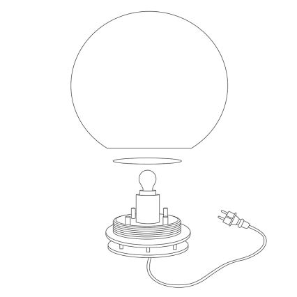 Stolová lampa s guľovou tienidlom je pripojená k elektrickej zásuvke. Žiarovka je umiestnená v základni lampy. Celok je znázornený v čiernobielej čiarovej kresbe.