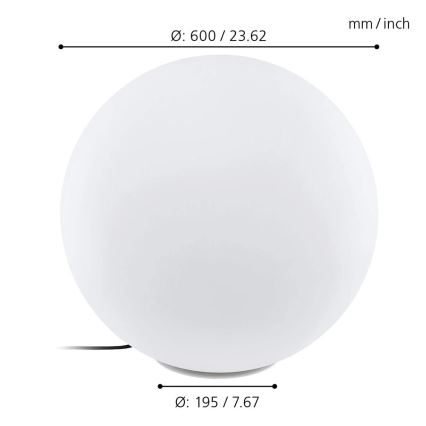 Guľová lampa s priemerom 600 mm / 23,62 palca a základňou s priemerom 195 mm / 7,67 palca stojí na bielom pozadí. Je k nej pripojený kábel.