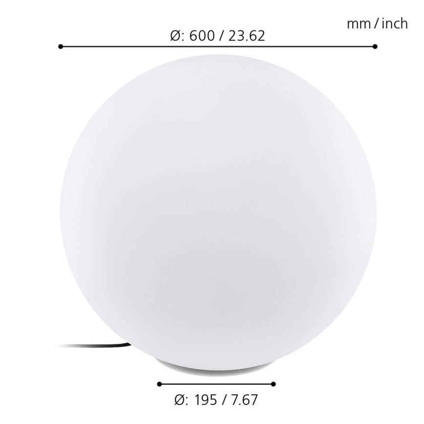 Guľová lampa s priemerom 600 mm / 23,62 palca a základňou s priemerom 195 mm / 7,67 palca stojí na bielom pozadí. Je k nej pripojený kábel.