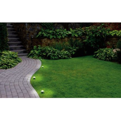 Záhradné svietidlá osvetľujú dlažbovú cestu popri trávniku. Svietidlá sú umiestnené pozdĺž okraja chodníka. Okolím je zeleň, kríky a kamenná stena.