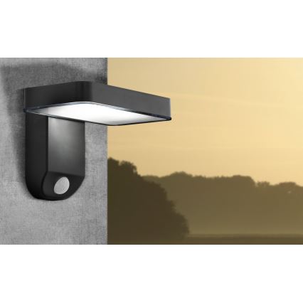 Čierna nástenná lampa s pohybovým senzorom je pripevnená na stene. Svietidlo smeruje von. Na pozadí je rozostrený západ slnka nad kopcami.