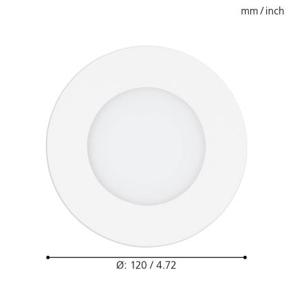 Kruhový LED svietidlo s vnútorným osvetlením je zobrazené na bielom pozadí. Priemer svietidla je 120 mm / 4,72 palca.