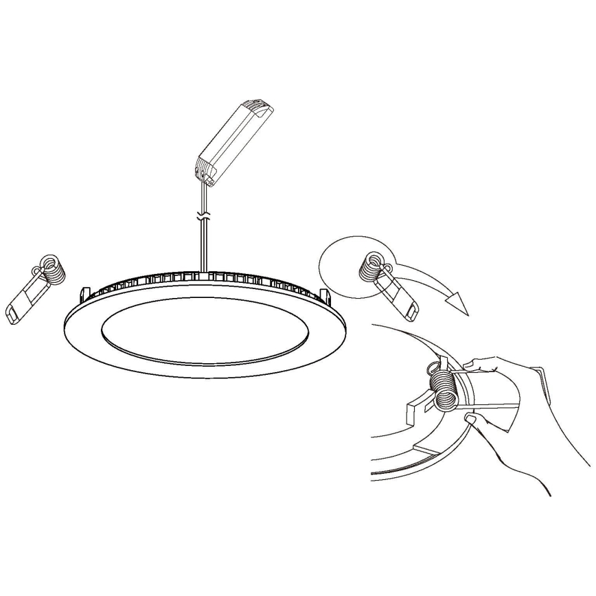 Okrúhle LED svietidlo sa montuje pripojením napájacieho zdroja a následným zacvaknutím pružinových držiakov do stropného otvoru. Inštalácia sa vykonáva manuálne.