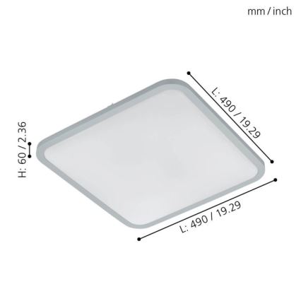 Svietidlo štvorcového tvaru s tenkým rámom je zobrazené s rozmermi: výška 60 mm/2,36 palca, dĺžka strany 490 mm/19,29 palca.