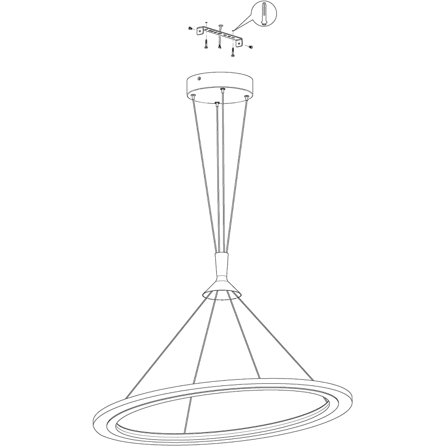 Svietidlo sa skladá z kruhového tienidla zaveseného na šiestich lankách z okrúhleho stropného úchytu. Súčasťou je aj montážna platnička a skrutky.
