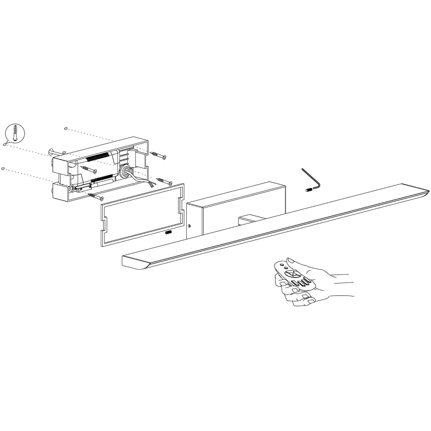 Svietidlo sa skladá; inštalácia zahŕňa pripojenie častí a použitie diaľkového ovládania. Súčasťou je návod s obrázkami.