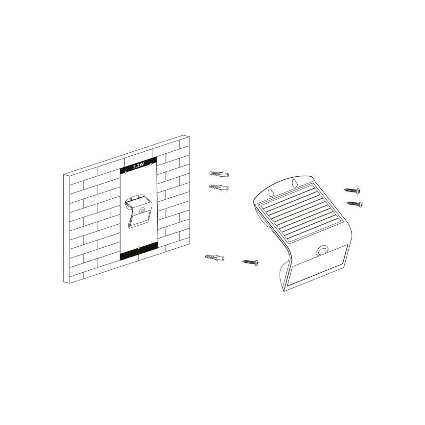 Solárny svietidlo sa montuje na tehlovú stenu. Súčasťou je návod s obrázkom a potrebným montážnym materiálom (skrutky a hmoždinky). Svietidlo má výkon 3,2W.