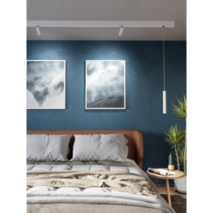 Dve stropné svietidlá osvetľujú posteľ s posteľnou bielizňou a dvomi obrazmi s abstraktnou krajinou na modrej stene. Visiace svietidlo dopĺňa osvetlenie.